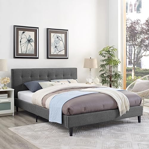 Modway Linnea - Cama de plataforma tapizada gris con soporte de listones de madera
