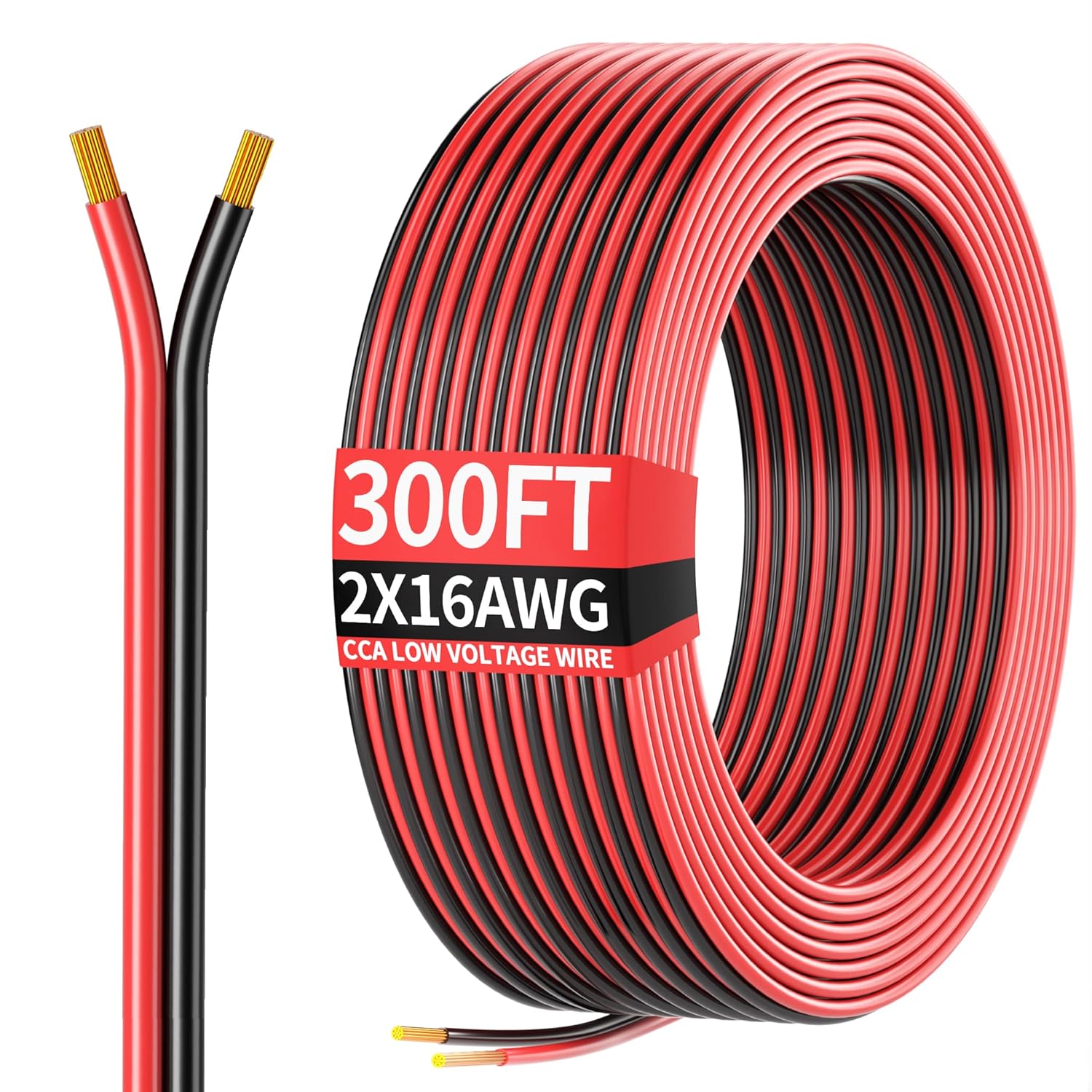 300FT 16AWG, 16/2 AWG Red Black Hookup Electrical Wire LED Strips Extension Cord 12V/24V DC Cable, 16 Gauge Wire 2 Conductors Flexible Low Voltage Cable for in-Home, Autos, Schools use