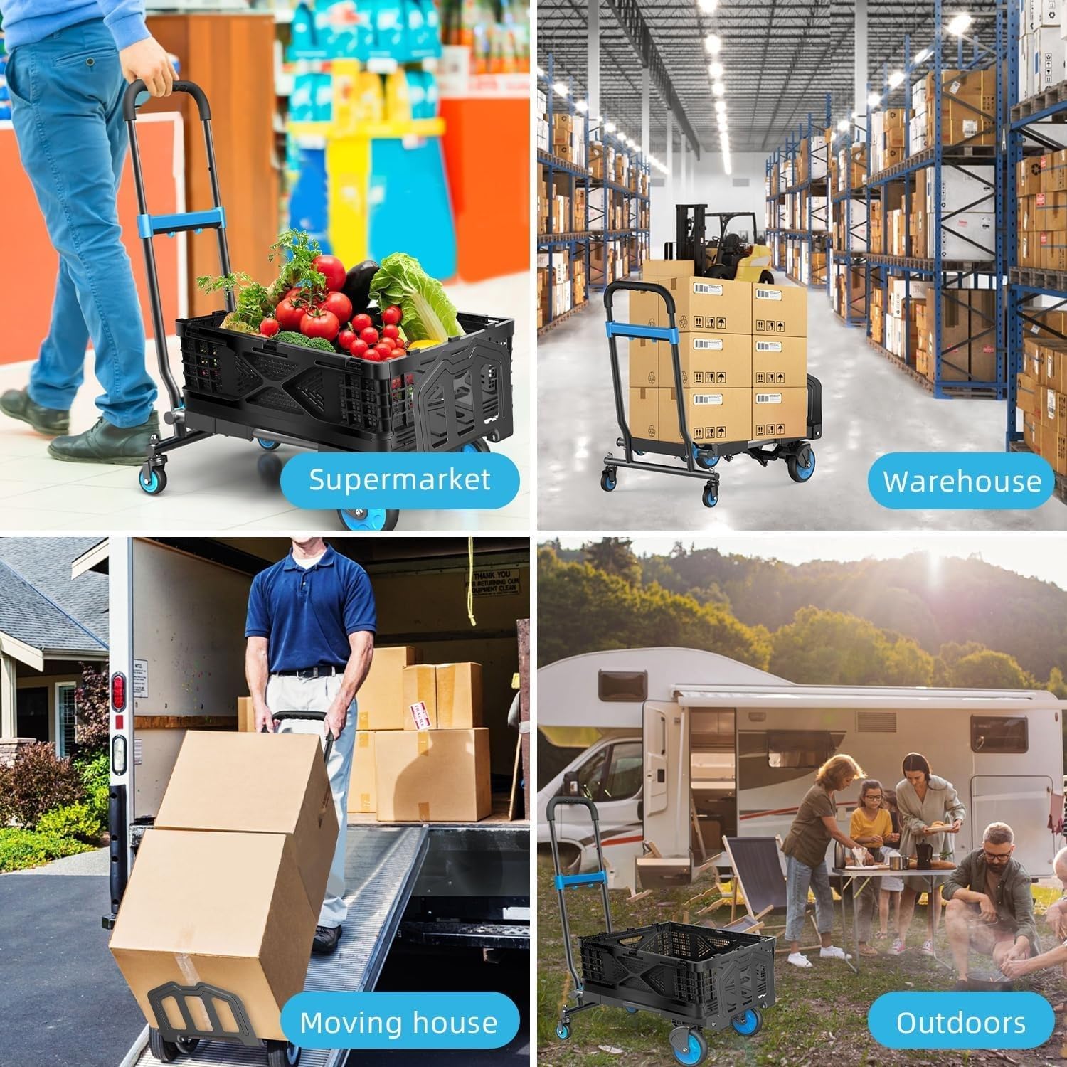 Folding Hand Truck 330 Lbs Capacity, 2-in-1 Heavy Duty Foldable Dolly Cart with Adjustable Handle & TPR Silent Wheels, Portable Aluminum Hand Cart for Moving, Luggage, Shopping, Office and Travel