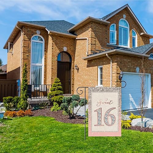 Miniatura 5 de WeBenison Bandera de jardín con texto en inglés Sweet 16  Letrero de jardín para casa de cumpleaños 16  16 aniversario de boda, decoración de