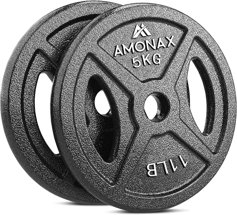 Amonax Öntöttvas Súlytárcsa Szett 2,5-10 kg - 25 mm és 50 mm Olimpiai Rúdhoz - Tri-Grip Súlyzótárcsák Edzéshez és Csípőemeléshez - Otthoni E