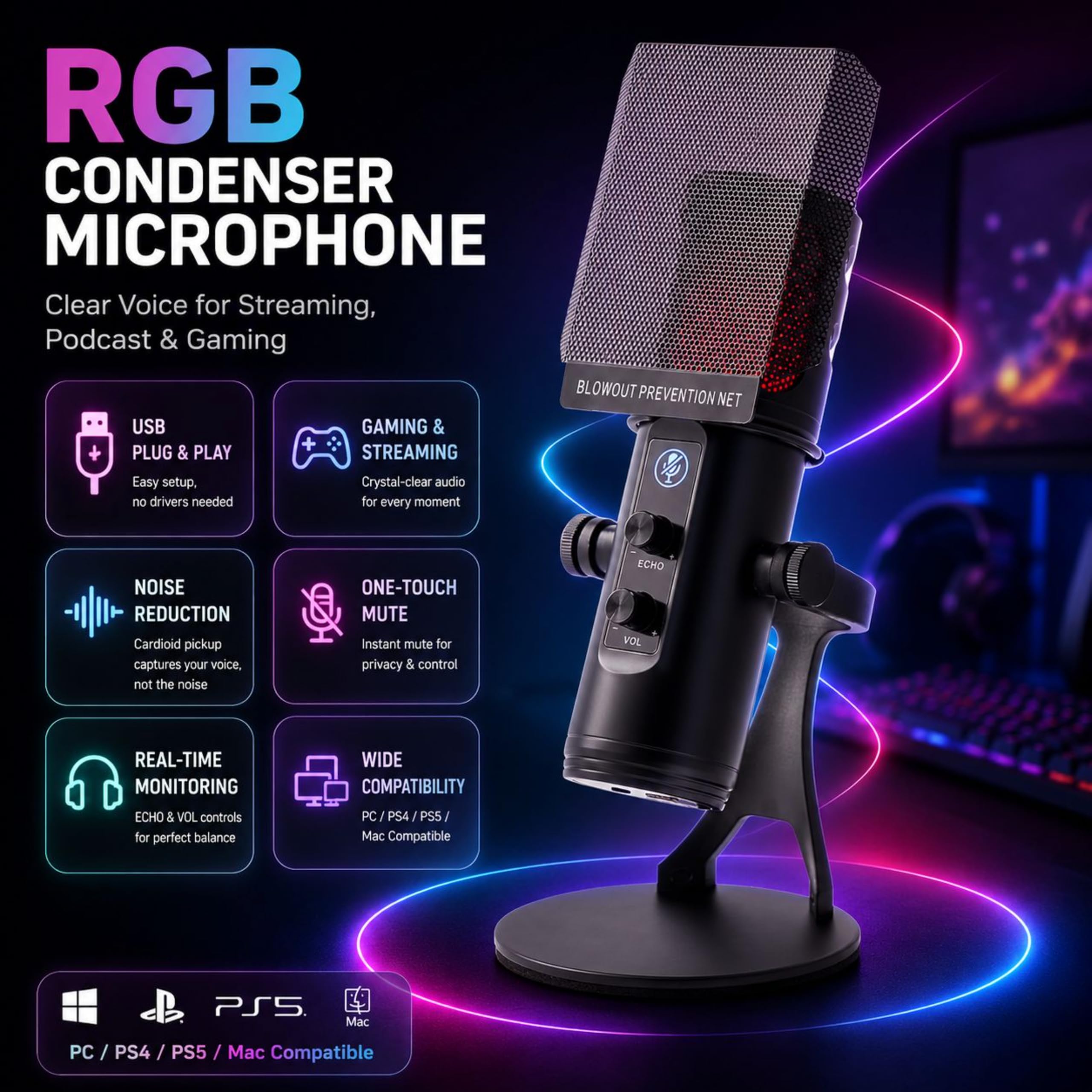 Microphone Condensateur RGB USB PC PS4/PS5 avec Réduction du Bruit
