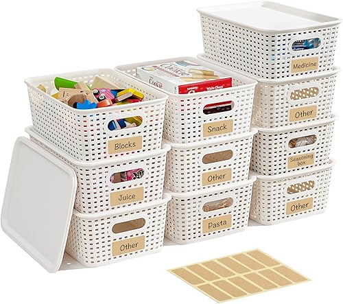 Cestas de almacenamiento de plástico con tapas, paquete de 10 contenedores de almacenamiento apilables con asas lisas, contenedores organizadores de