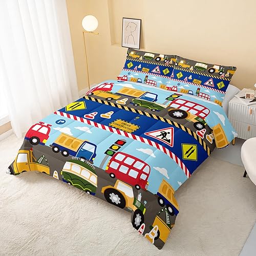 QOOMO Juego de edredón suave y ligero con señal de tráfico, zona de construcción, para niños, juego de edredón de vehículos de construcción,