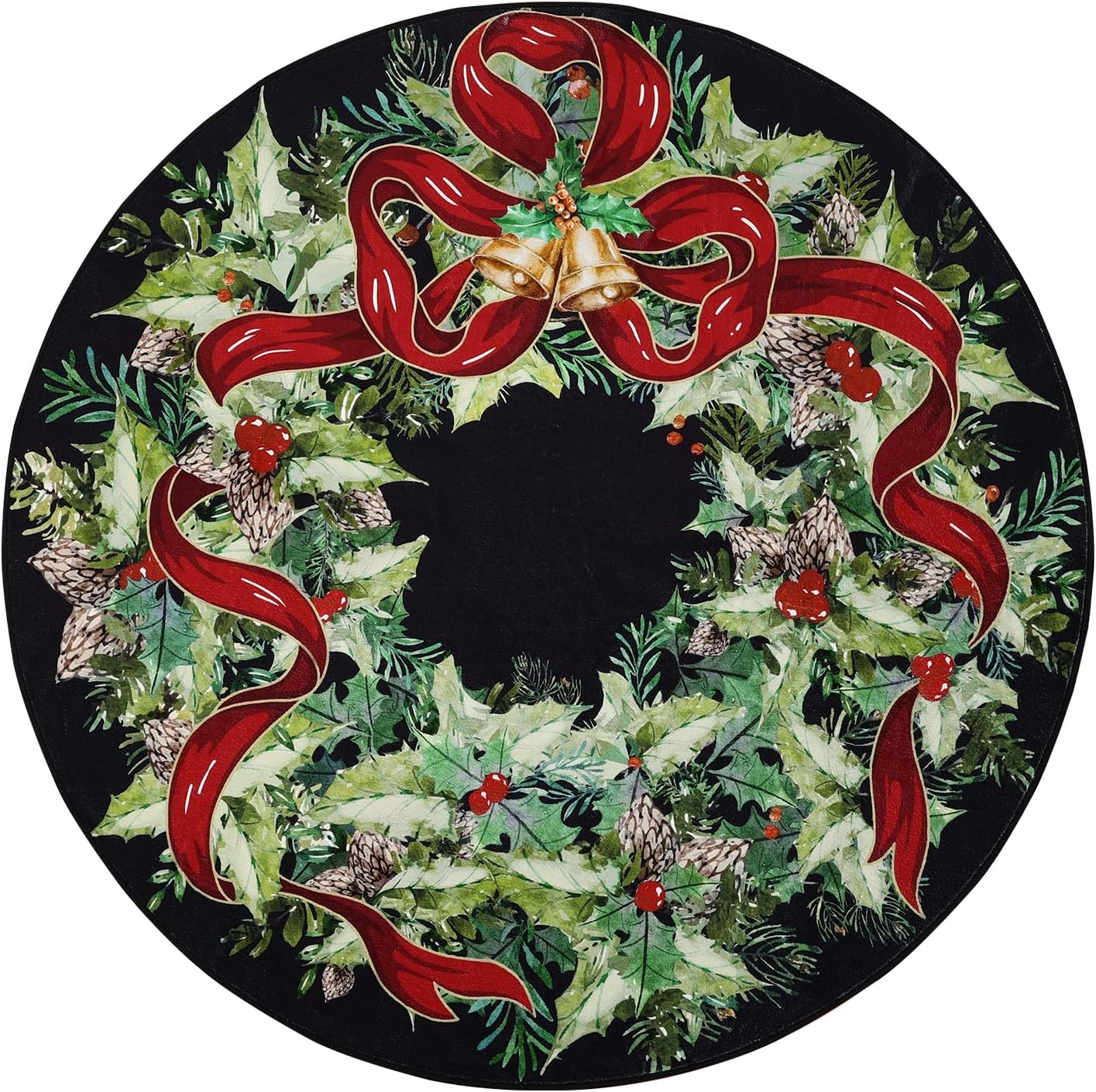 u'artlines christmas washable round area rug 8ft bell leaves laundry rug runner non slip soft throw rugs carpet for entryway living room bedroom black 8' (round) bell-black-new