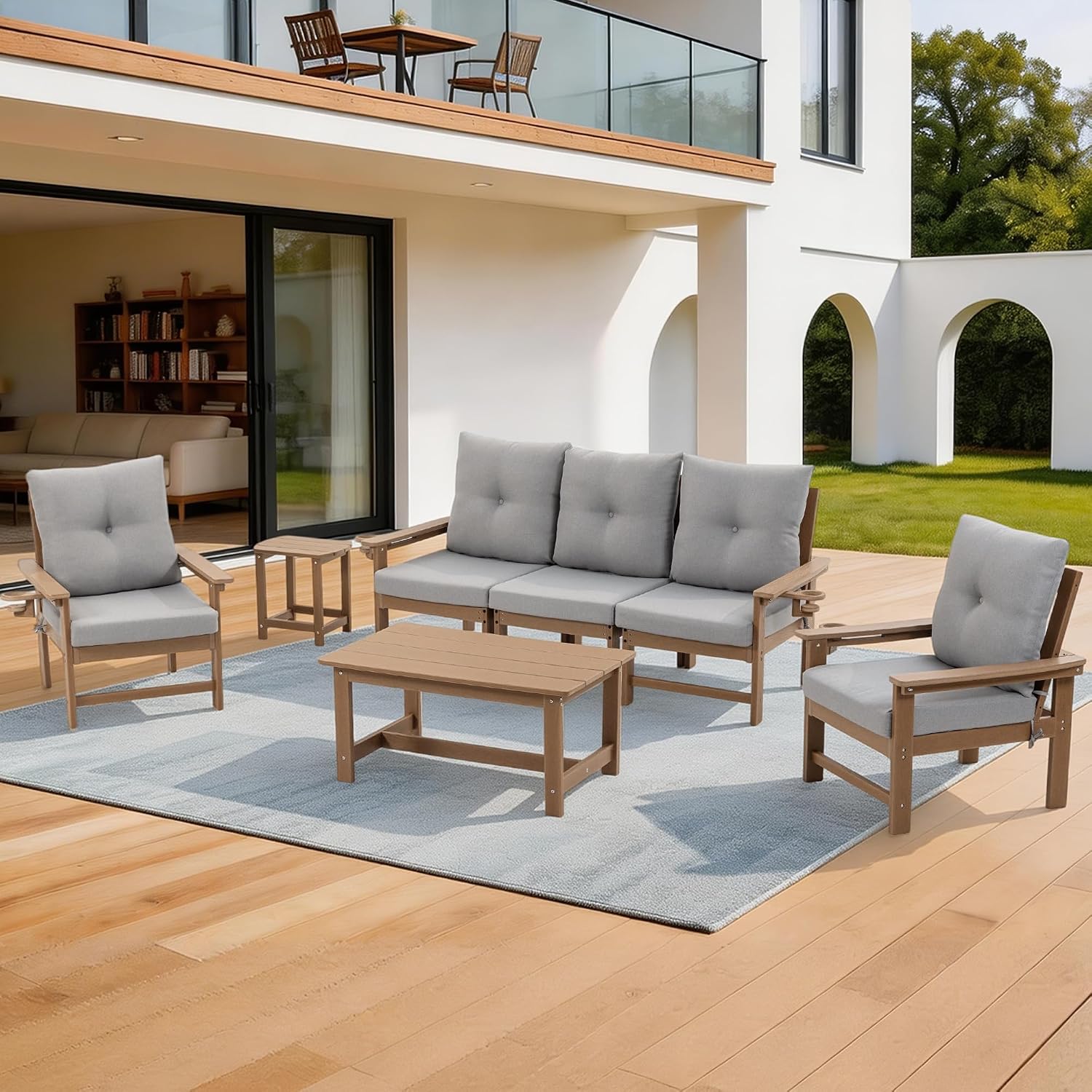 HDPE Outdoor Patio Furniture Set, 7 PCs All Weather Performance Patio Conversation Set w/Back and Seat Cushions, Free Combination Outdoor Furniture for Patio, Lawn, Poolside, Backyard, Brown