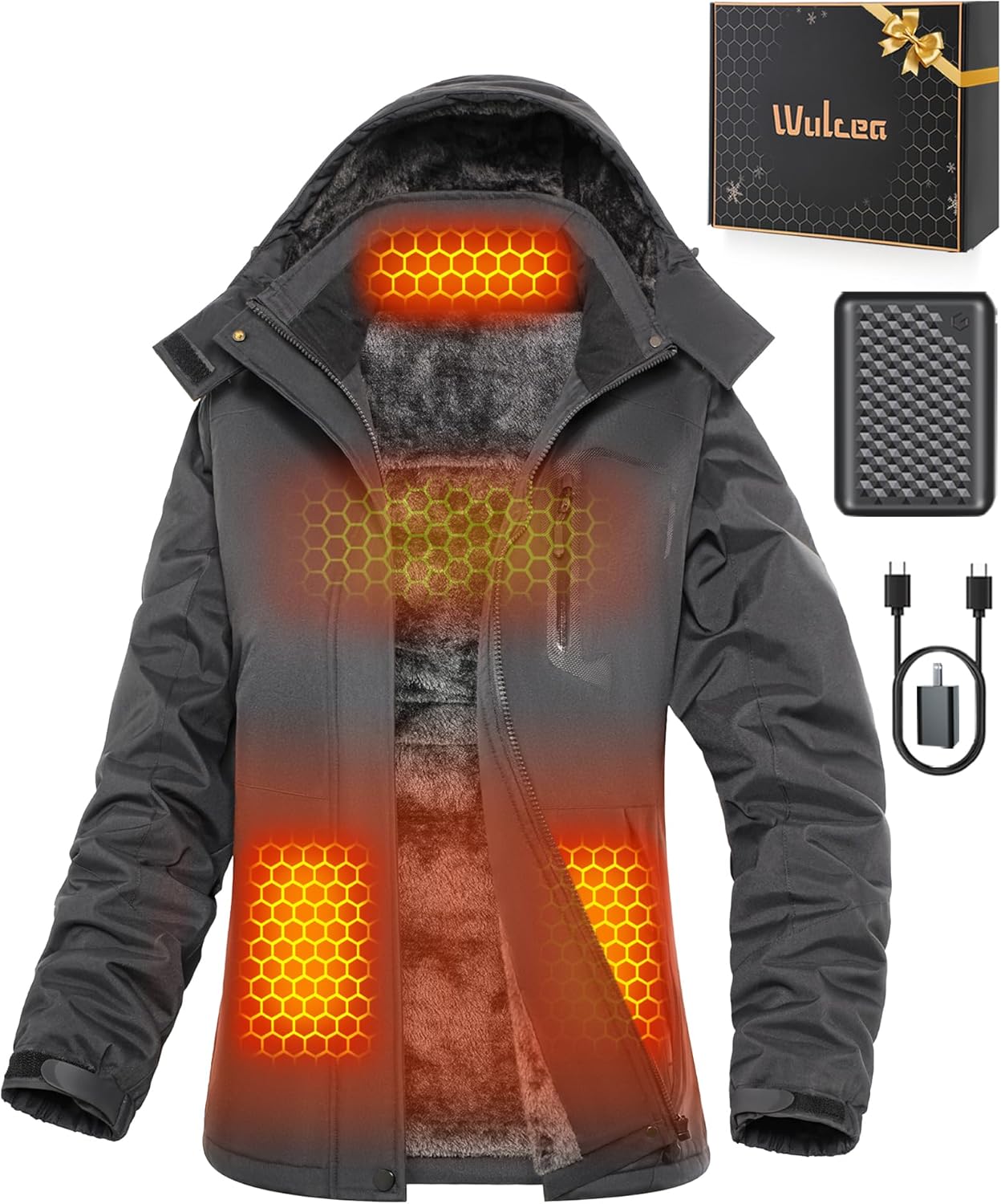 Wulcea Graphene Heated Jacket for Women Fur Lined with Large Capacity Battery Pack