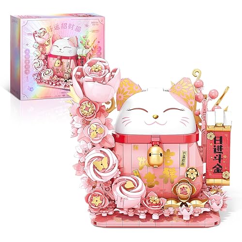 Lucky Cat Building Block Set, Compatible with Lego Cat, 868Pcs Cute Fortune Cat with Flowers Building Blocks, Christmas Birthday Creative Gift for Girls Boys Adult (Pink Cat) - Pink Cat