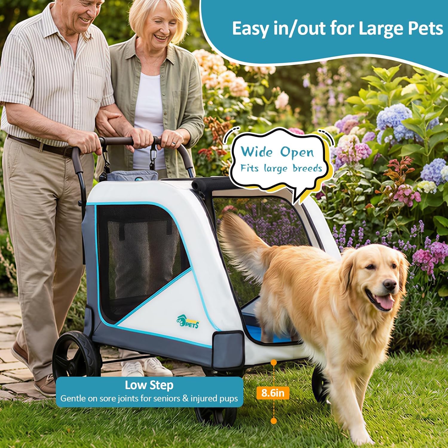 Ownpets Extra-Large Dog Stroller for Large Dogs Up to 154lbs, with Hanging Storage Bag, Foldable Dog Wagon with Adjustable Handle & Breathable Mesh, 4 Wheels Pet Stroller