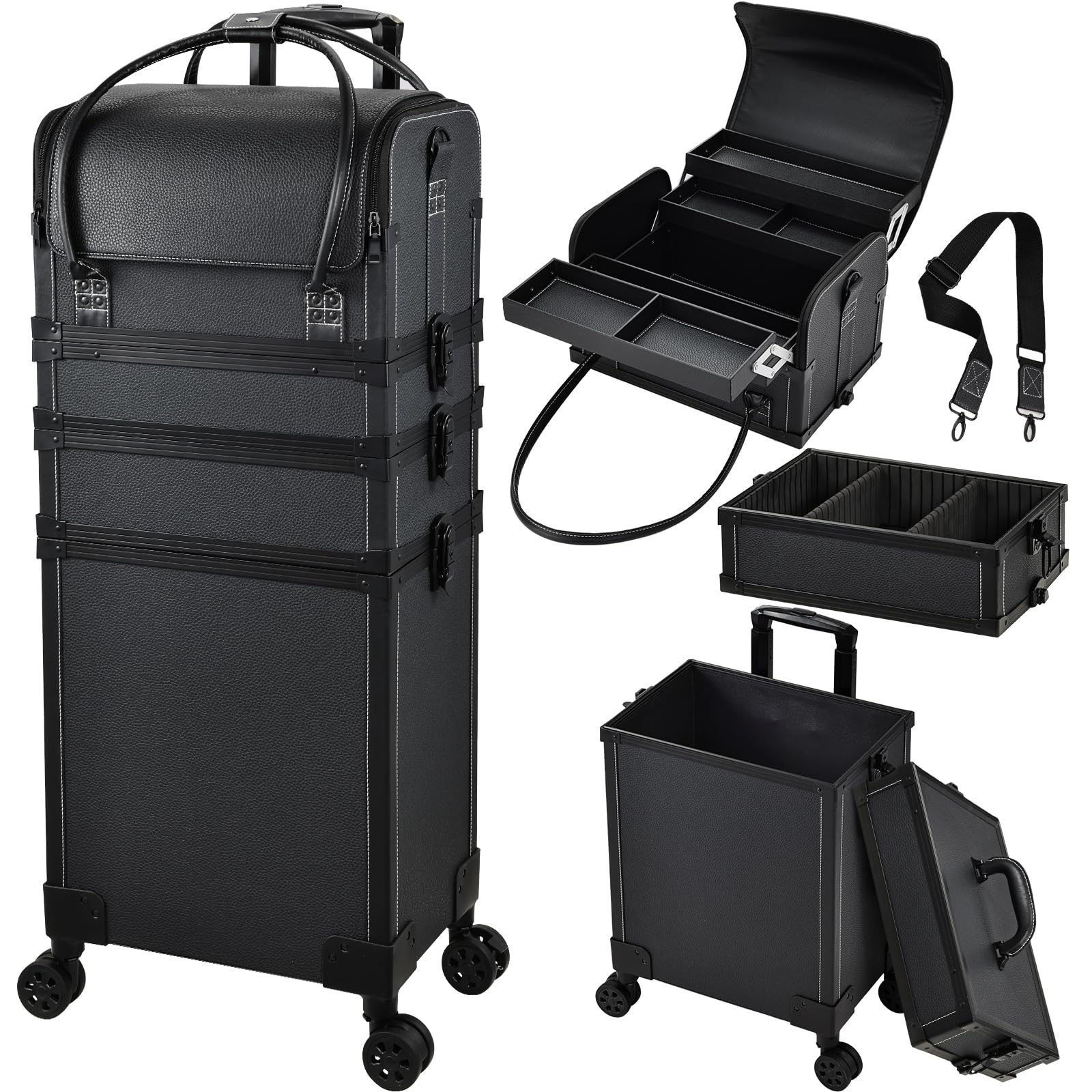 Costravio 5 in 1 Rolling Makeup Case Transformable Train Case, Black Vegan Leather Cosmetology Case on Wheels, Travel Cosmetic Storage Cases for for Hairstylist Artist Nail Beauty Salon Barber