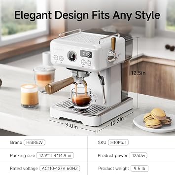 HIBREW H10Plus - Programmable Espresso Machine - 58mm Portafilter in Stainless Steel - Temperature & Cup Volume Adjustable at will - With Intelligent Display Screen & Pressure Gauge