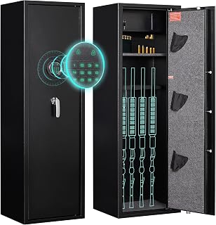 Gun Cabinet, 3-5 Rifle Safe, Gun Cabinets for Rifles and Pistols with Removable Shelf, Quick Access Large Gun Locker with Inner Lock Box, Anti-Theft Alarm System, Password Lock - Marcree