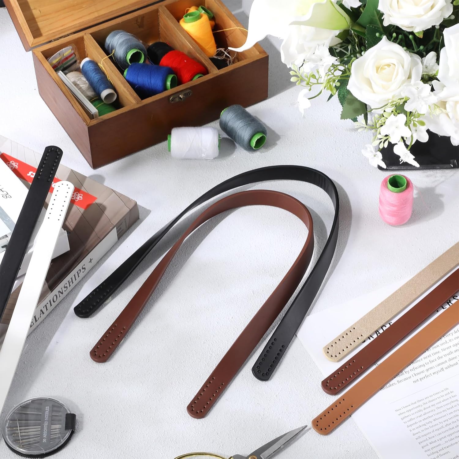 SilTriangle 20 Pcs PU Leather Purse Bag Handles 5 Colors 23.4" Leather Purse Straps Sewing on Handle Replacement for DIY Crochet Wallet Tote Bags Repairing Making Supplies(Elegant Color)
