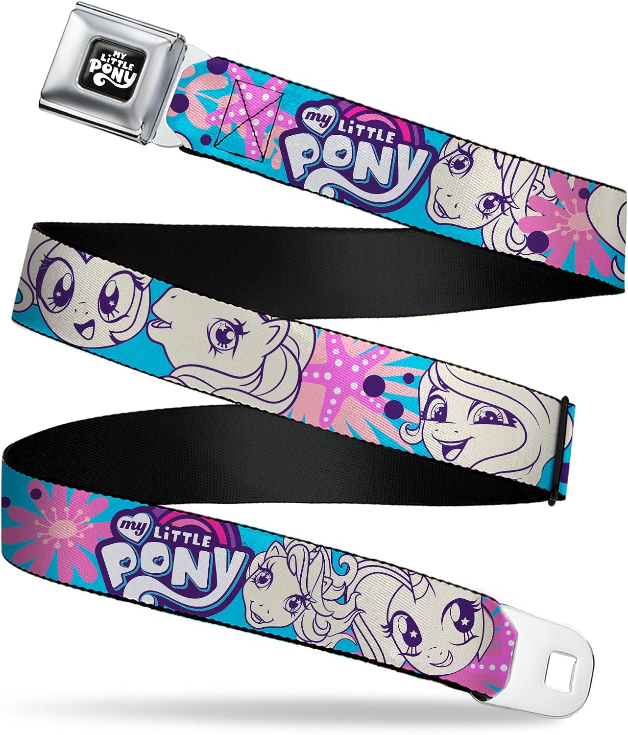 My Little Pony Belt, Seatbelt Buckle Belt, My Little Pony Pony Faces Flowers and Logo Blue Pinks White, Adjustable