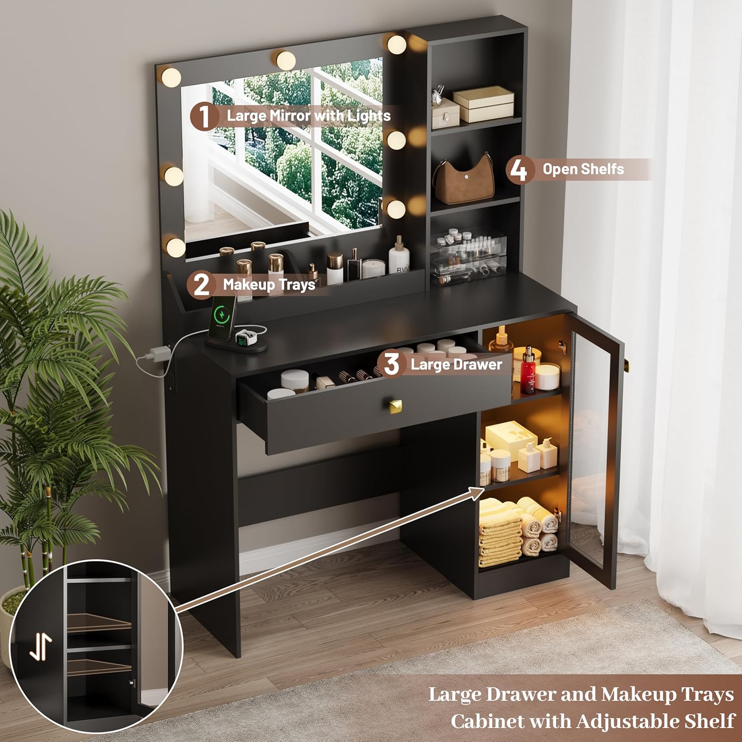 Makeup Vanity with Mirror and Lights, 34''W Dressing Table with Charging Station & RGB Glass Cabinet, Small Vanity Desk with 3 Color Lighting Modes & Adjustable Brightness