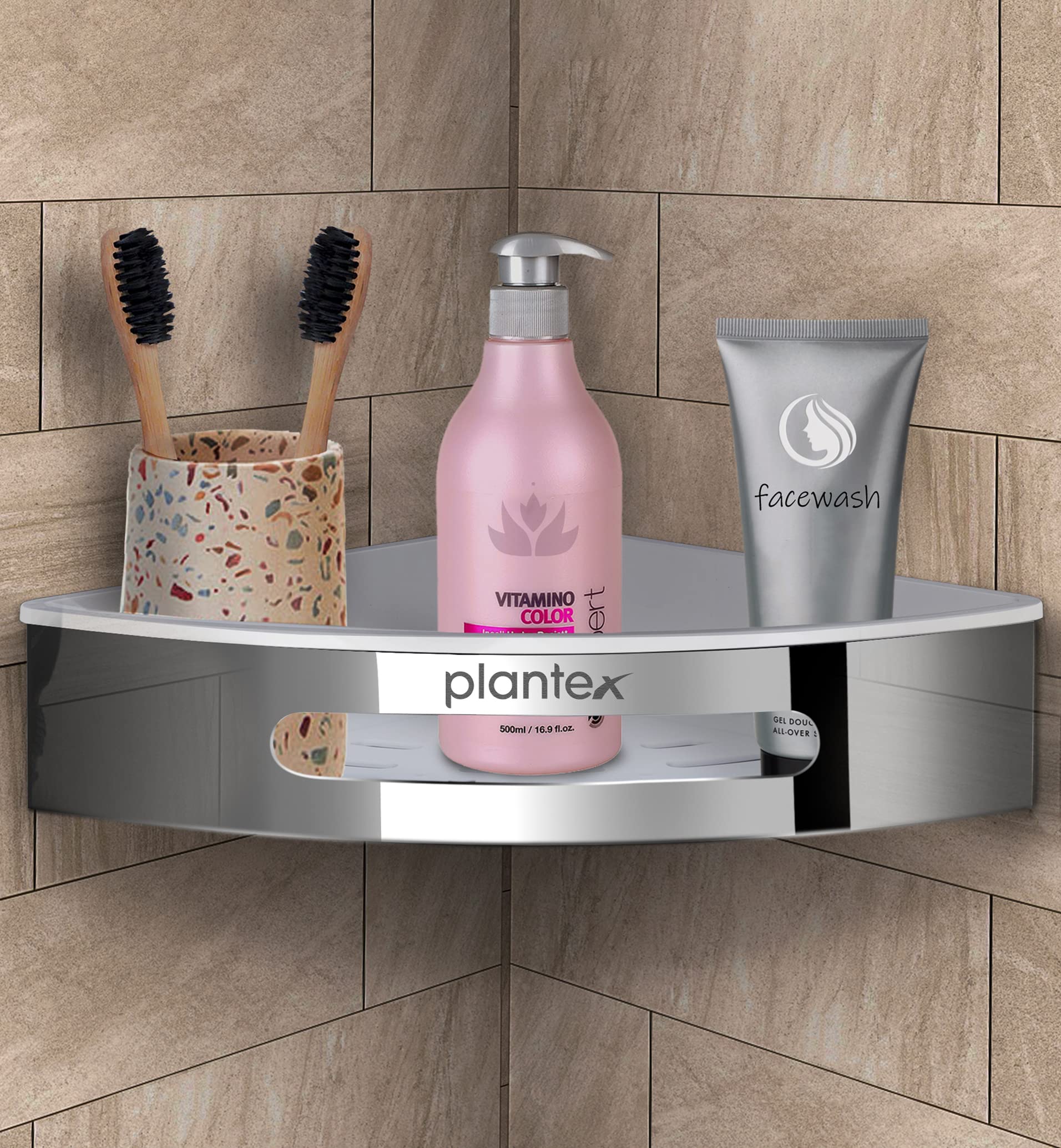 Plantex Bathroom Accessories Set/304 Grade Stainless Steel Bathroom Shelf for Wall Corner/Bathroom Storage Organizer (Silver & White, 9x9 inches) - Pack of 2