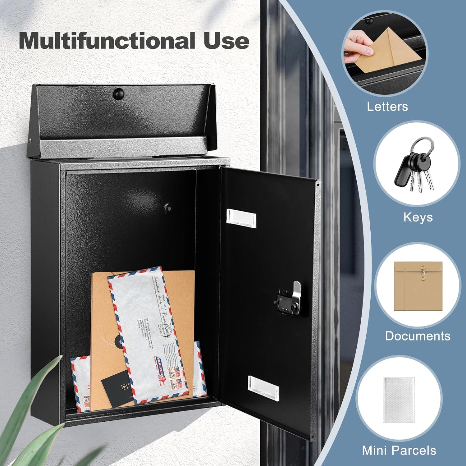 KINGCEPHAS Wall-Mounted Mailbox with Combination Lock, Suggestion Box, Square & Upright Capacity, Waterproof Postbox, High Rust Resistance Letterbox, Mailboxes for Outside (Black)
