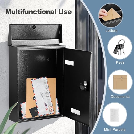KINGCEPHAS Post Box,Wall Mounted Mail Box with Combination Lock(Black) | Medium Capacity,Weatherproof Galvanized Steel Letterbox for Outside,Viewing Windows,Nameplate,Easy to Install,27x9.2x37cm