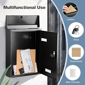 KINGCEPHAS Post Box,Wall Mounted Mail Box with Combination Lock(Black) | Medium Capacity,Weatherproof Galvanized Steel Letterbox for Outside,Viewing Windows,Nameplate,Easy to Install,27x9.2x37cm
