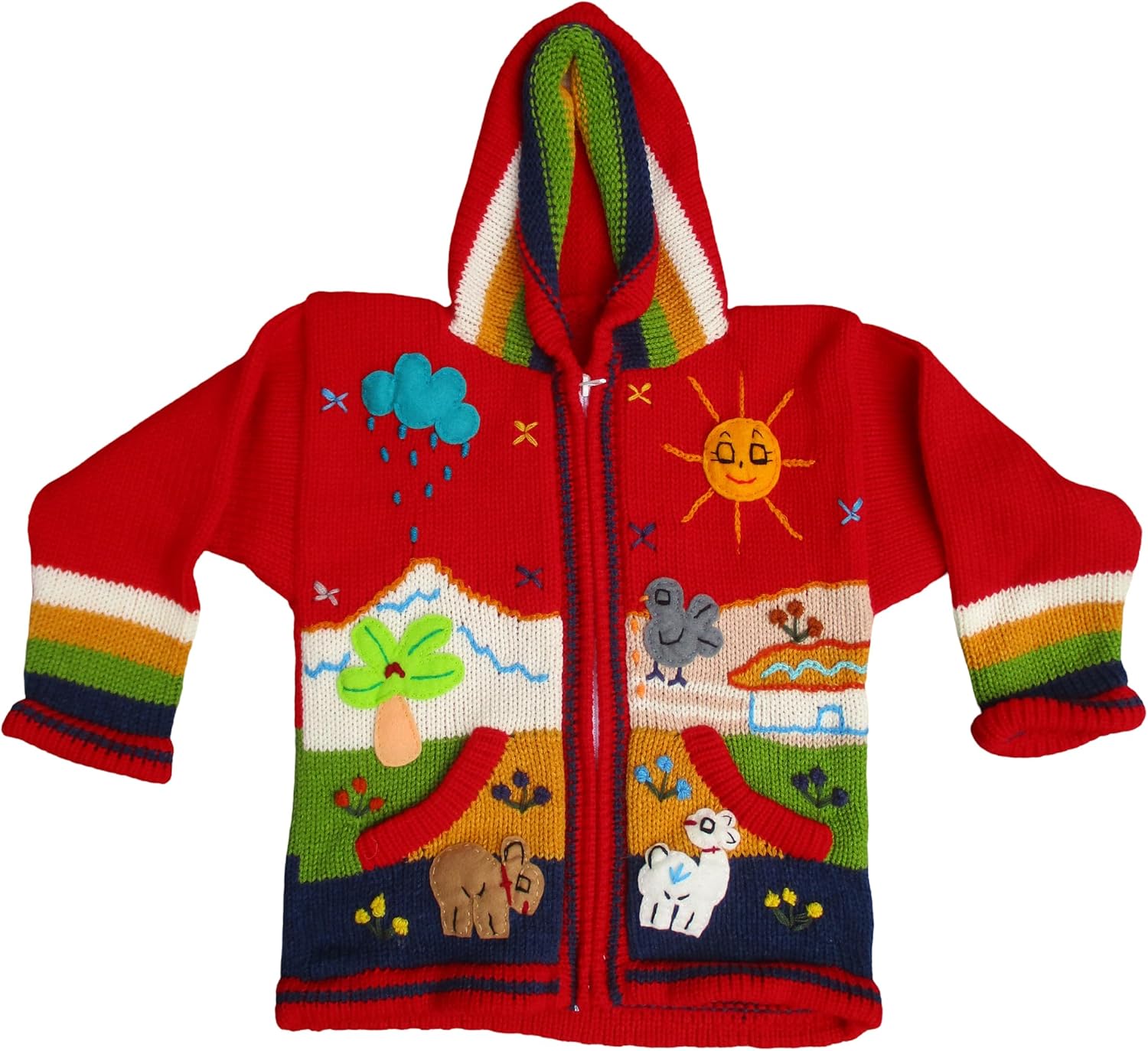 Kids Sweater Cardigan with Embroidered Sweater Hooded Girl Boy Peru Ecuador Bolivia Chile Arpilleras. Size 3 to 5 Years Old.