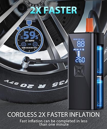 Miniatura 3 de Compresor de aire portátil para inflado de neumáticos, bomba de aire de inflado 2 veces más rápida con manómetro de neumáticos y luz LED, compresor