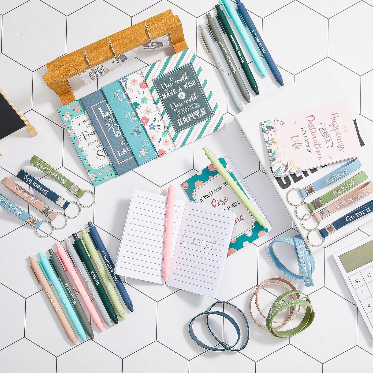 PerKoop 64 Pcs Inspirational Gifts Bulk 16 Motivational Notebooks Journal 16 Ballpoint Pens 16 Wristbands 16 Keychains for Teacher Office Women Employee Party Favor(Morandi) - Image 5