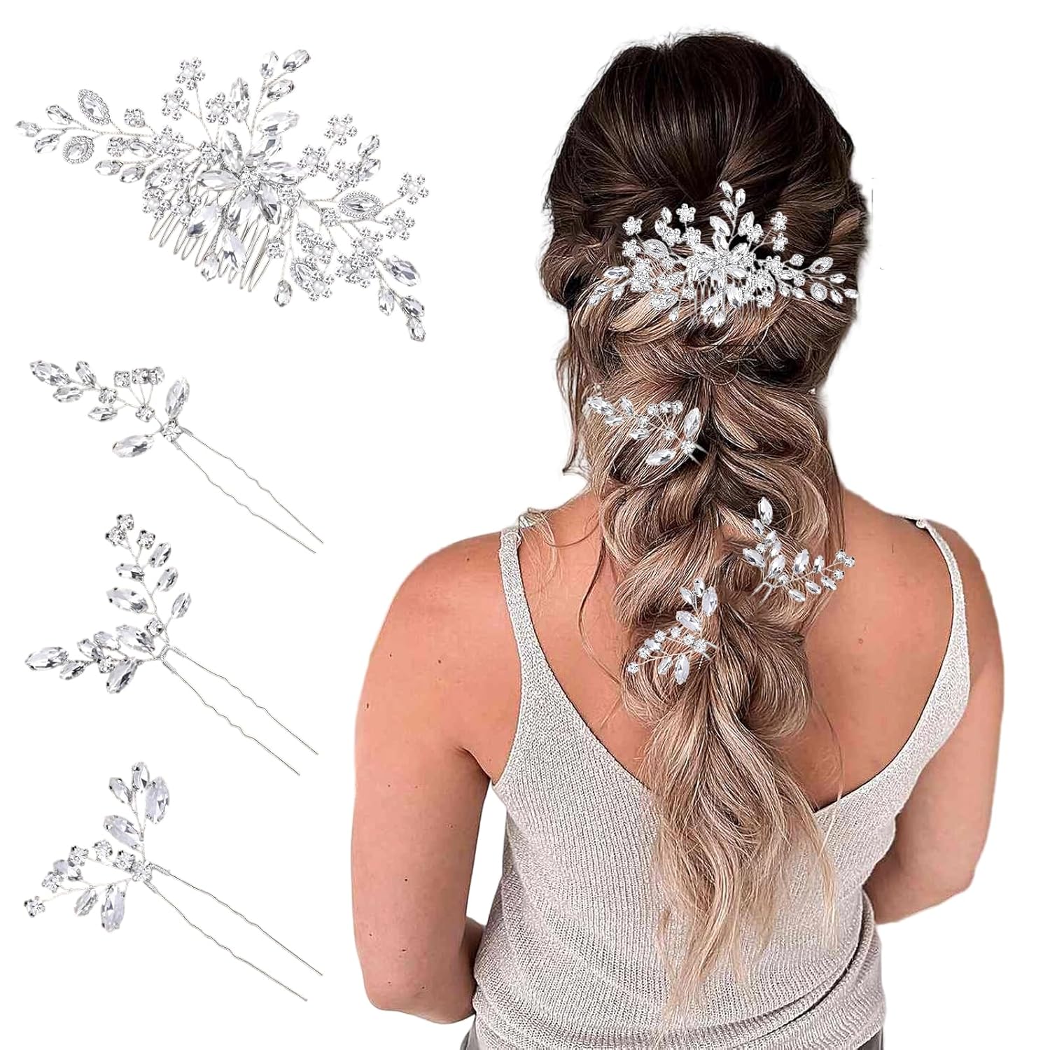 4 Pcs Wedding Hair Accessories,Wedding Headpiece For Bride,Hair Side Comb,Bhinestone Hair Accessories For Bridesmaid&Brides or Women and Girls