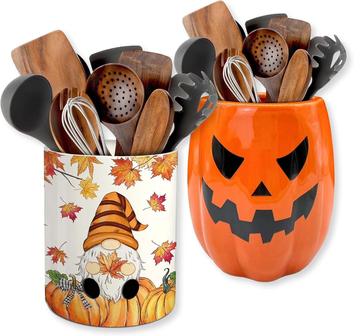 pinata Fall Halloween Kitchen Decor Ceramic Utensil Holder, Fall Gnome Halloween Pumpkin Utensils Holder for Indoor Kitchen Decorations(6.3 Inches)