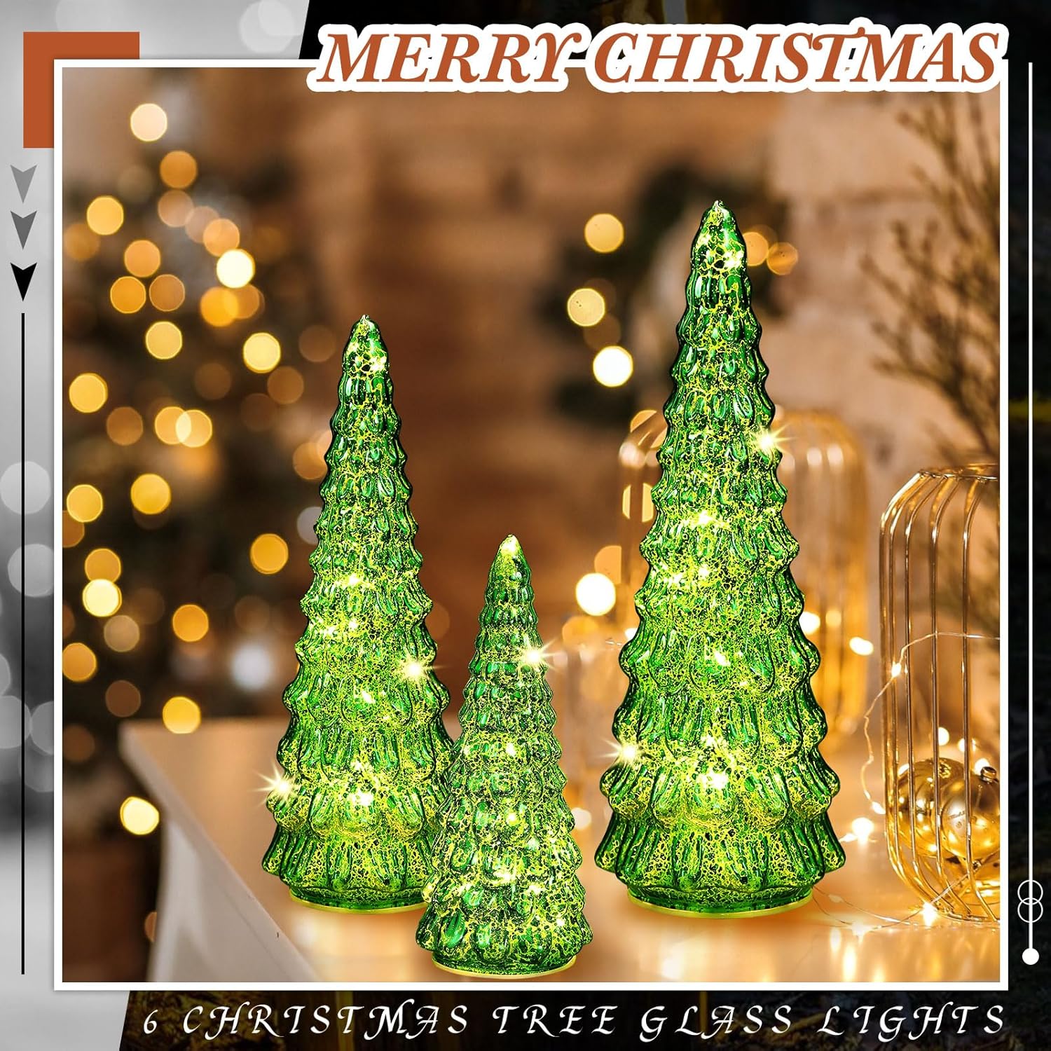 Riakrum 6 Pack Glass Christmas Tree Glass Tabletop Light up Christmas Tree for Xmas Living Room Home Decor Fireplace Mantel Tabletop Party Decor(Green,Elegant)