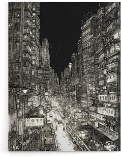 Artery8 Tokyo At Night Japan Cityscape Sketch Canvas Wall Art Print 18X24: Hand-drawn skyline illuminated by street lights, modern artistic snapshot of urban life