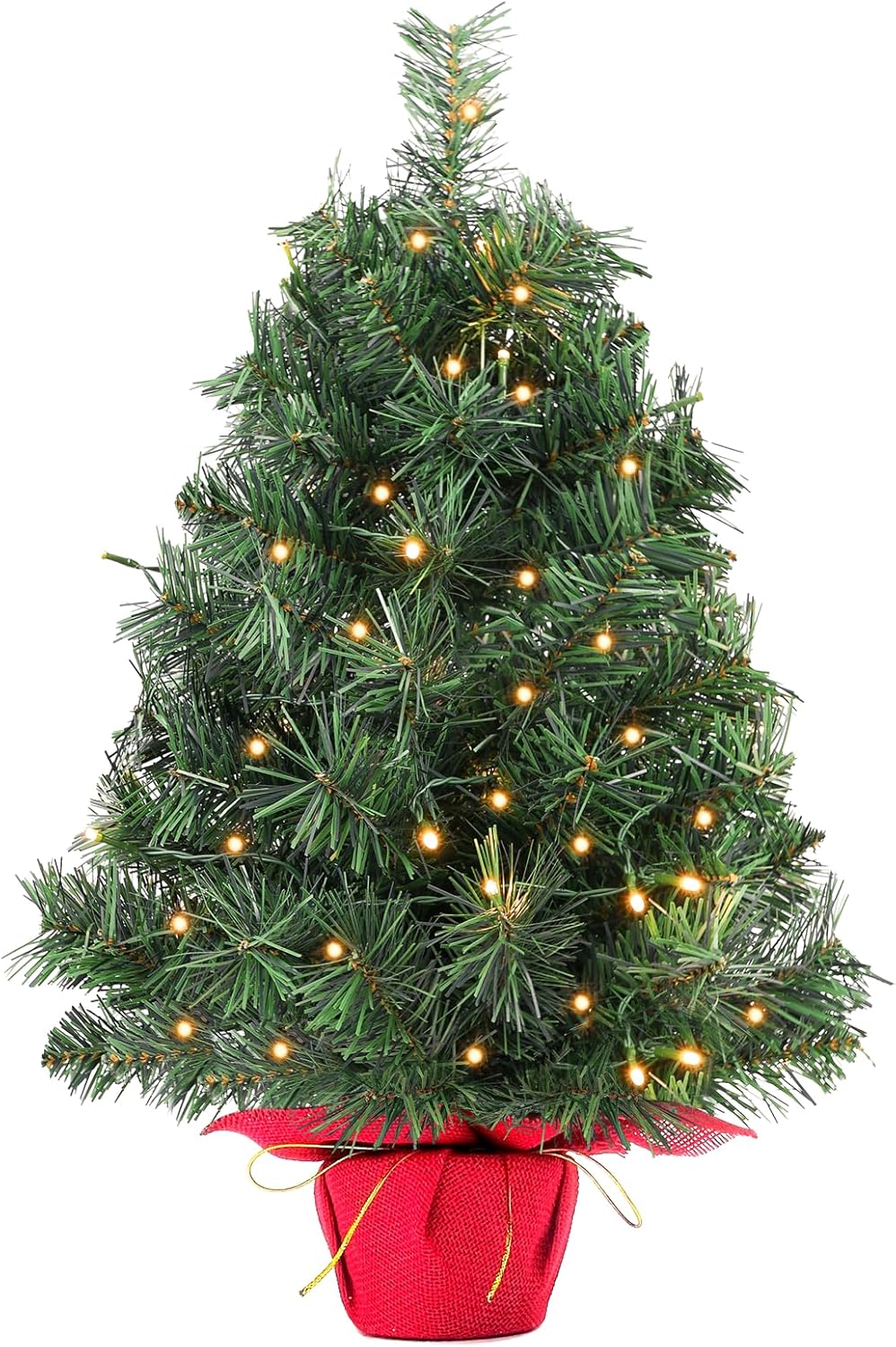 2ft Prelit Artificial Small Christmas Tree,24" Tabletop mini Xma Tree with Pine Cones Includes 50 LED Lights and Cloth Bag Base
