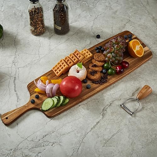 Vista 3 de Tabla de cortar de madera de acacia y tabla grande de embutidos con asa, tabla larga para servir verduras, pan, tabla de queso, aperitivos