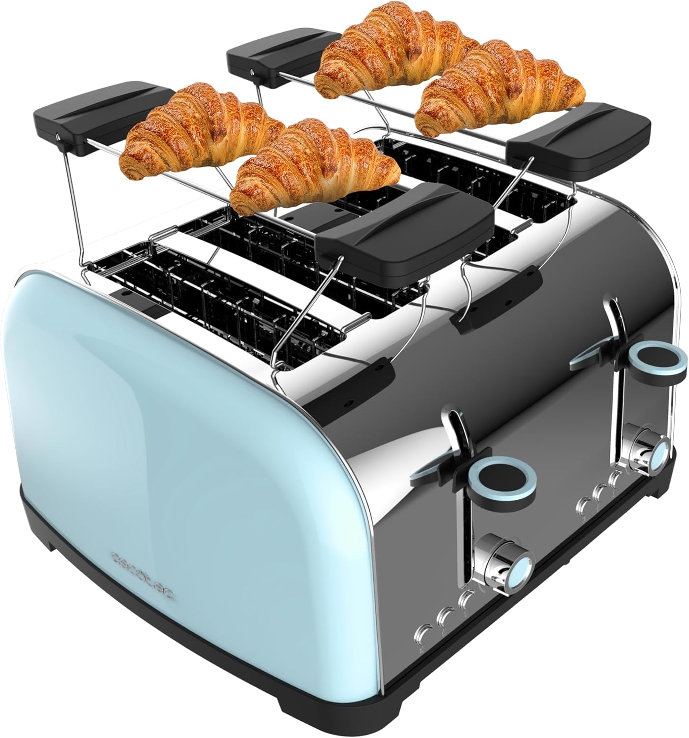 Cecotec Tostapane verticale Toastin' time 1700 Double Blue, 1700W, Doppia fessura corta e larga 3,8 cm, Barre superiori, Acciaio Inossidabile, Spegnimento e Pop-up Automatico, Raccogli-briciole 4 Fessura corti + Stecche Blue - Immagine 1