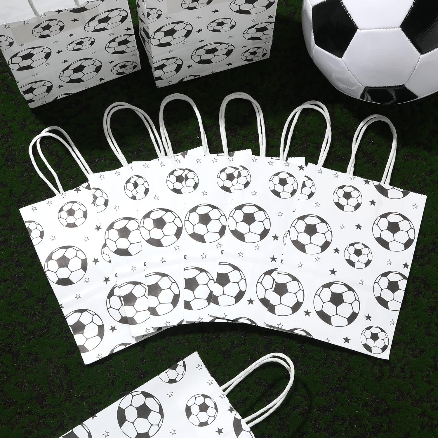 SAVITA 16pcs Soccer Party Favor Paper Bags, White Football Gift Bag Football Themed Party Bags with Handles Soccer Goodie Bags Treat Candy Bags for Kids Adults Soccer Party Supplies - Image 3