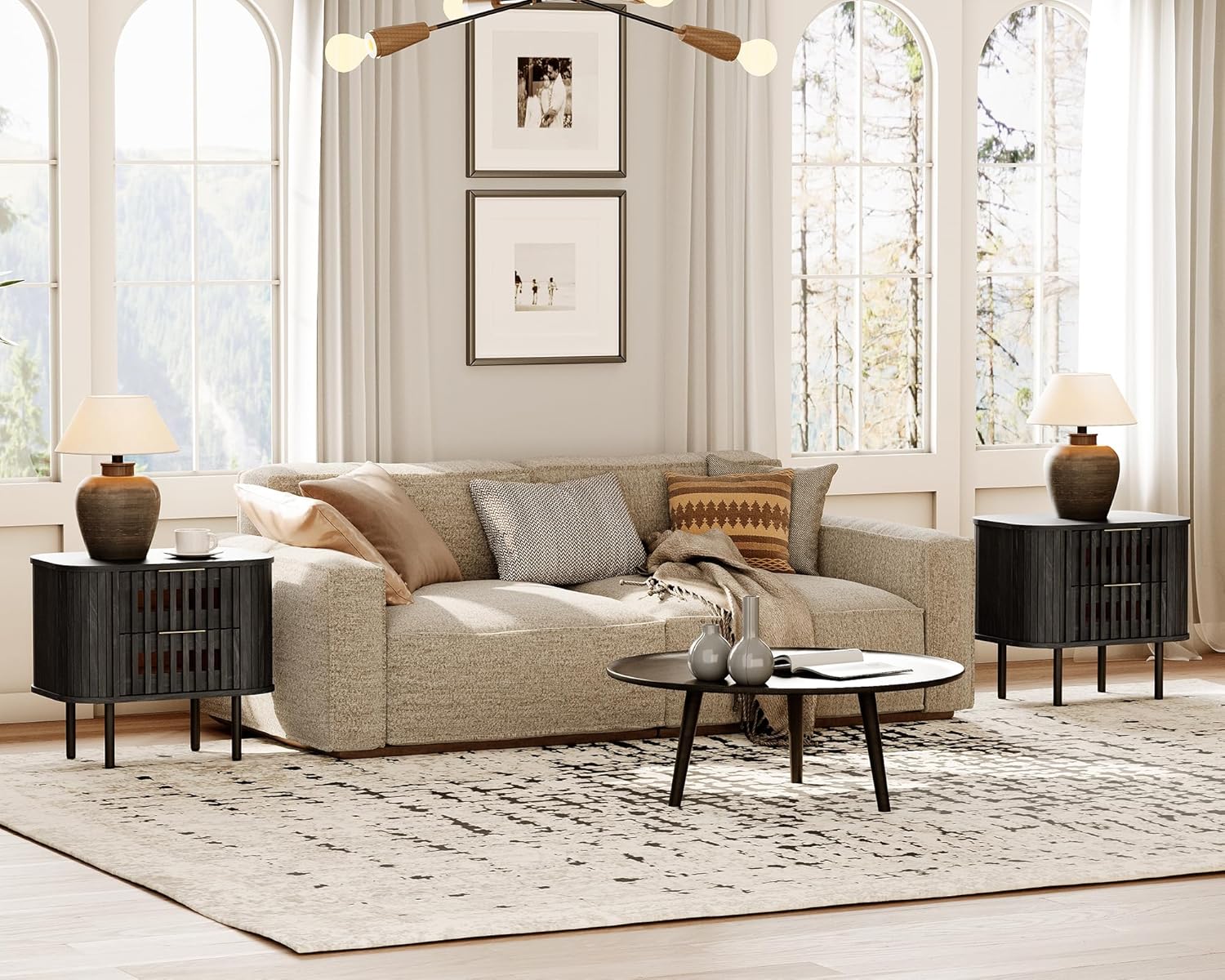 WAMPAT Fluted Nightstand Set of 2, Wood Bedside Table with 2 Drawers, Mid Century Modern End Table for Bedroom, Living Room, Black, 2 Pack