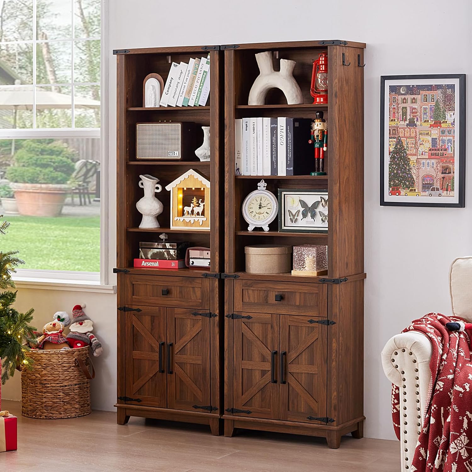 72in Tall Bookshelf 7 Tier Bookcase with Drawer and Barn Doors and Adjustable Shelves, Brown Farmhouse Book Shelf with Storage Cabinet, Wood Freestanding Display Bookshelves for Kitchen (2PCS)