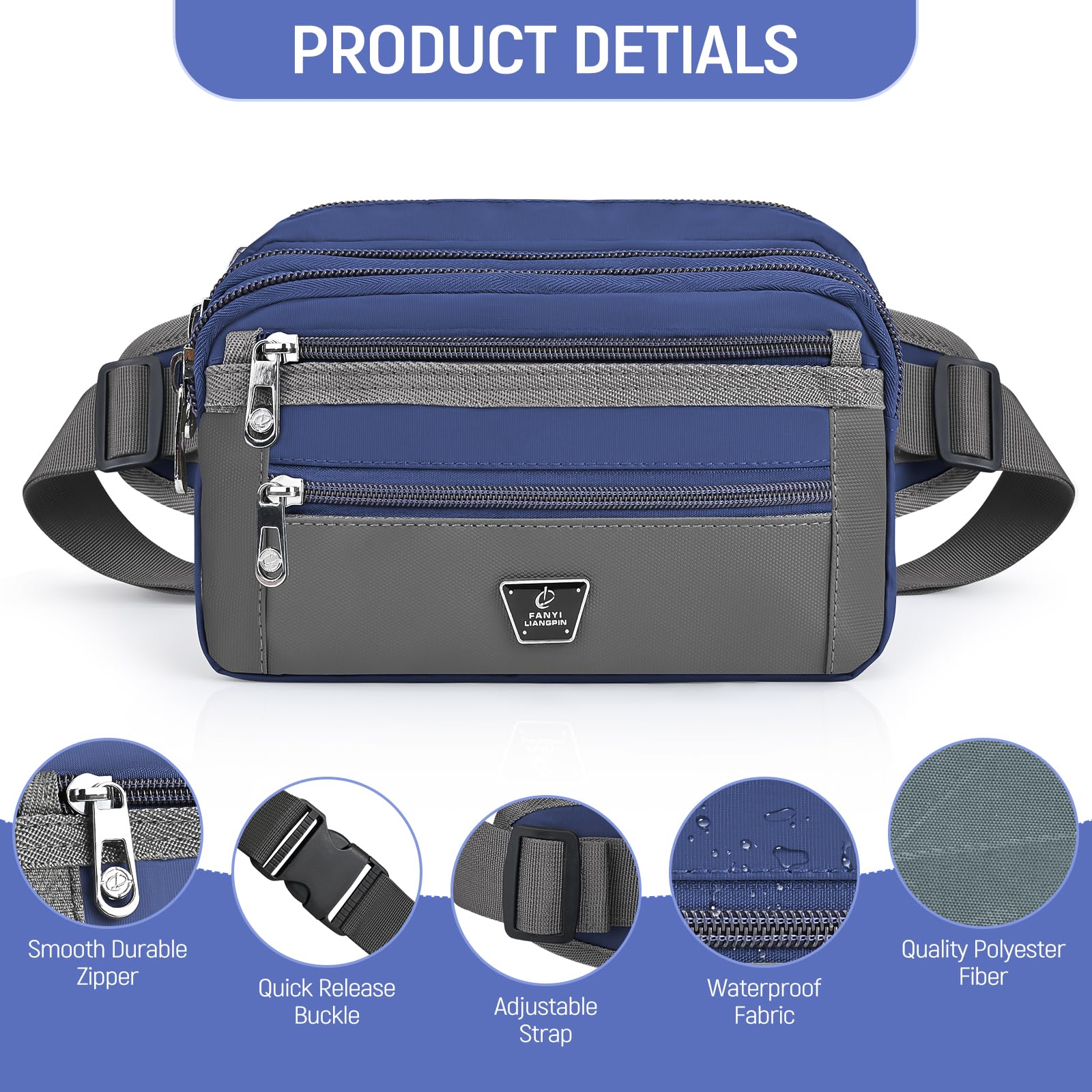 Sacoche Banane Homme Sac Banane Femme avec 7 Poches Zippées et Sangle Réglable Grande Capacité Sac Banane pour Le Jogging Randonnée Camping Cyclisme, Bleu