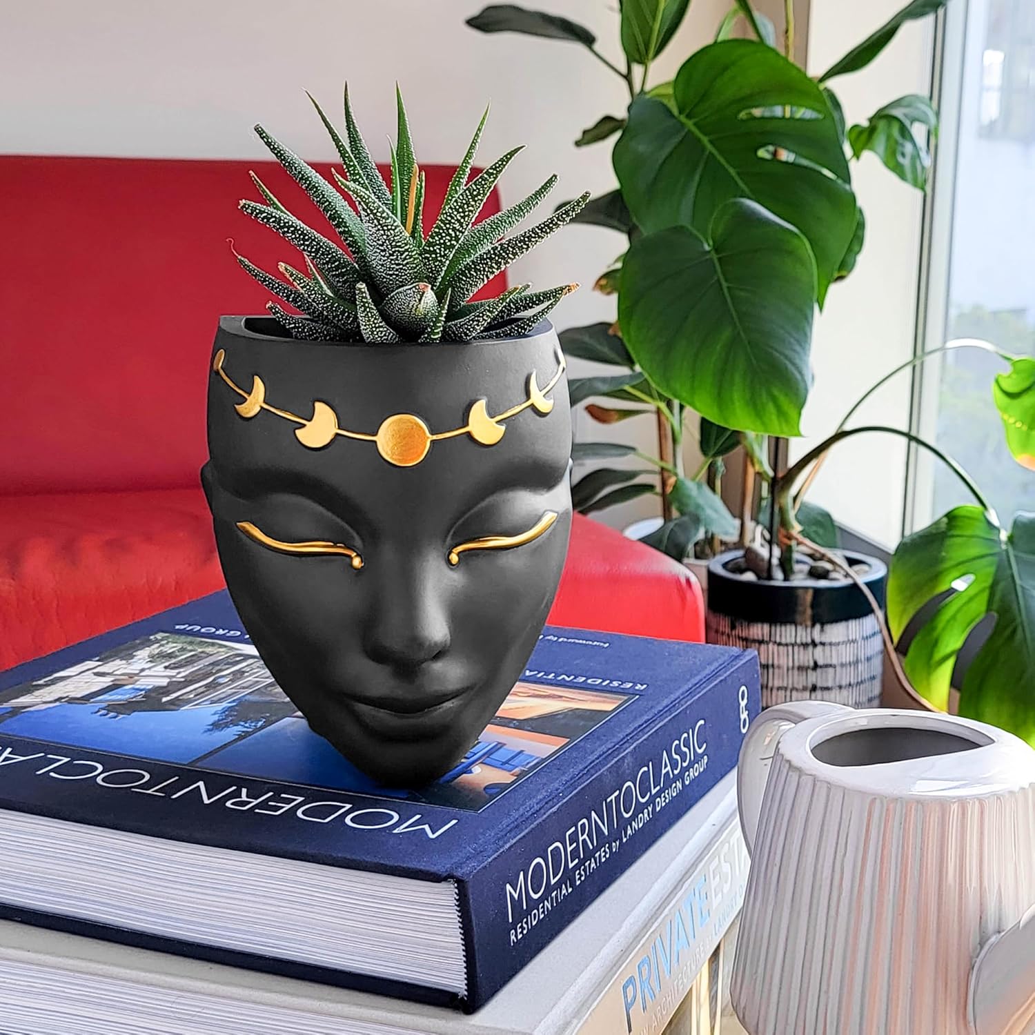 Head Planter - Indoor & Outdoor Home Decor Gifts for Plant Lovers - for Flat Surface or Wall Mount - Unique Face Planter for Flowers, Succulents, & More (7 inch, Luna Design, Black)