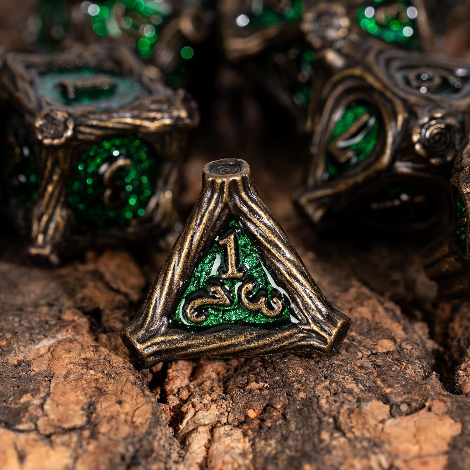 7 Piece Metal DND Dice Bronze Green Metal Dice Set D&D with Leather Bag for Role Playing Game and Board Game