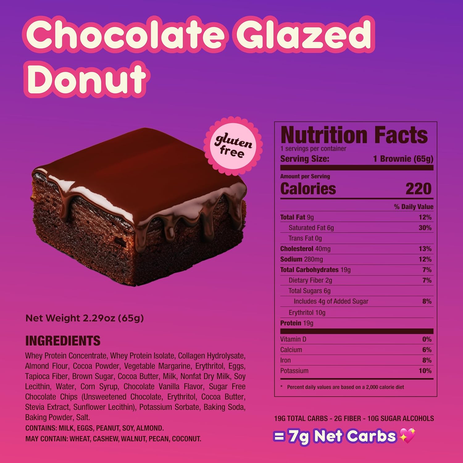 Prime Bites High Protein Brownie (12 Per Box, Chocolate Glazed Donut) - 19g of Protein, 5g of Collagen, Gluten Free, Low Sugar Treat, Delicious Protein Snack