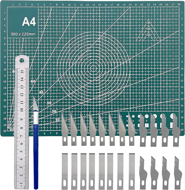 Craft Cutting Stencil Knife Set and A4 Double Sided Cutting Mat Set,Art Blade Cutting Exacto Knives Cutting Rulers Tools for Paper,Modelling,Quilting,Sewing,Scrapbook,Fabric & Papercraft- 28pcs