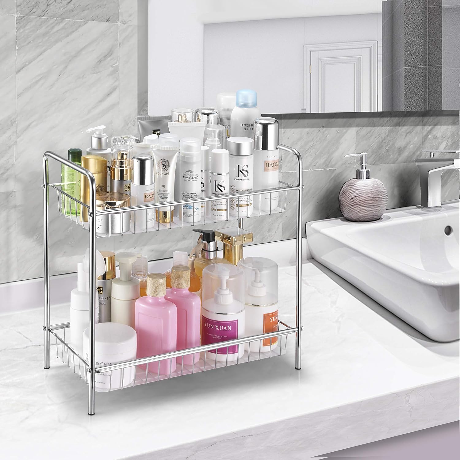 Simple Trending 2-Tier Wire Spice Rack Organizer, Spice Shelf Storage Holder Standing Cabinet for Kitchen Bathroom, Chrome