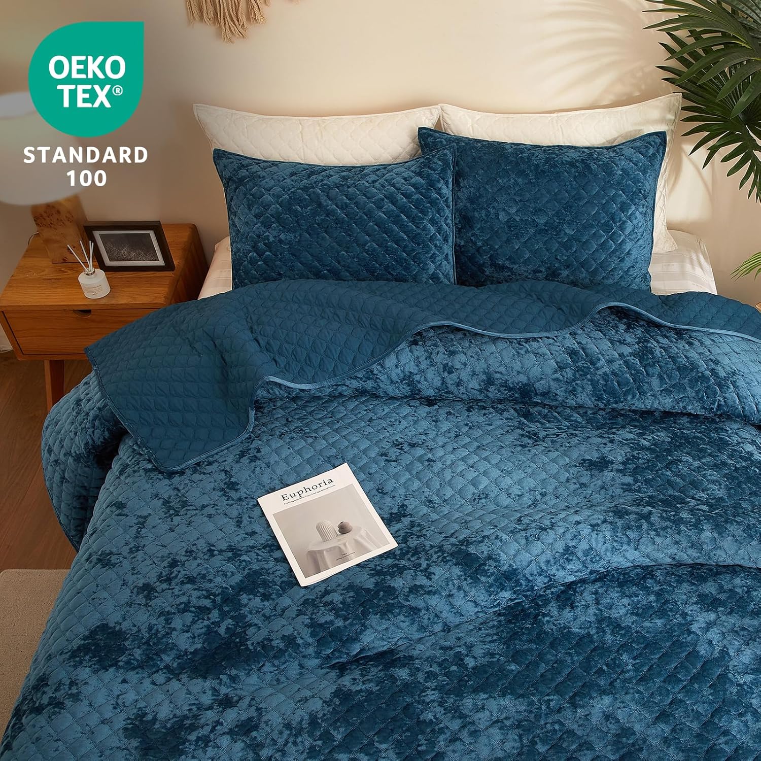 Velvet Quilt Queen Comforter Set - Luxury Soft Velvet Bedding Set for All Season, Bedspreads Queen Size Lightweight Quilt with 2 Pillow Shams, Teal Blue, Diamond - Image 2