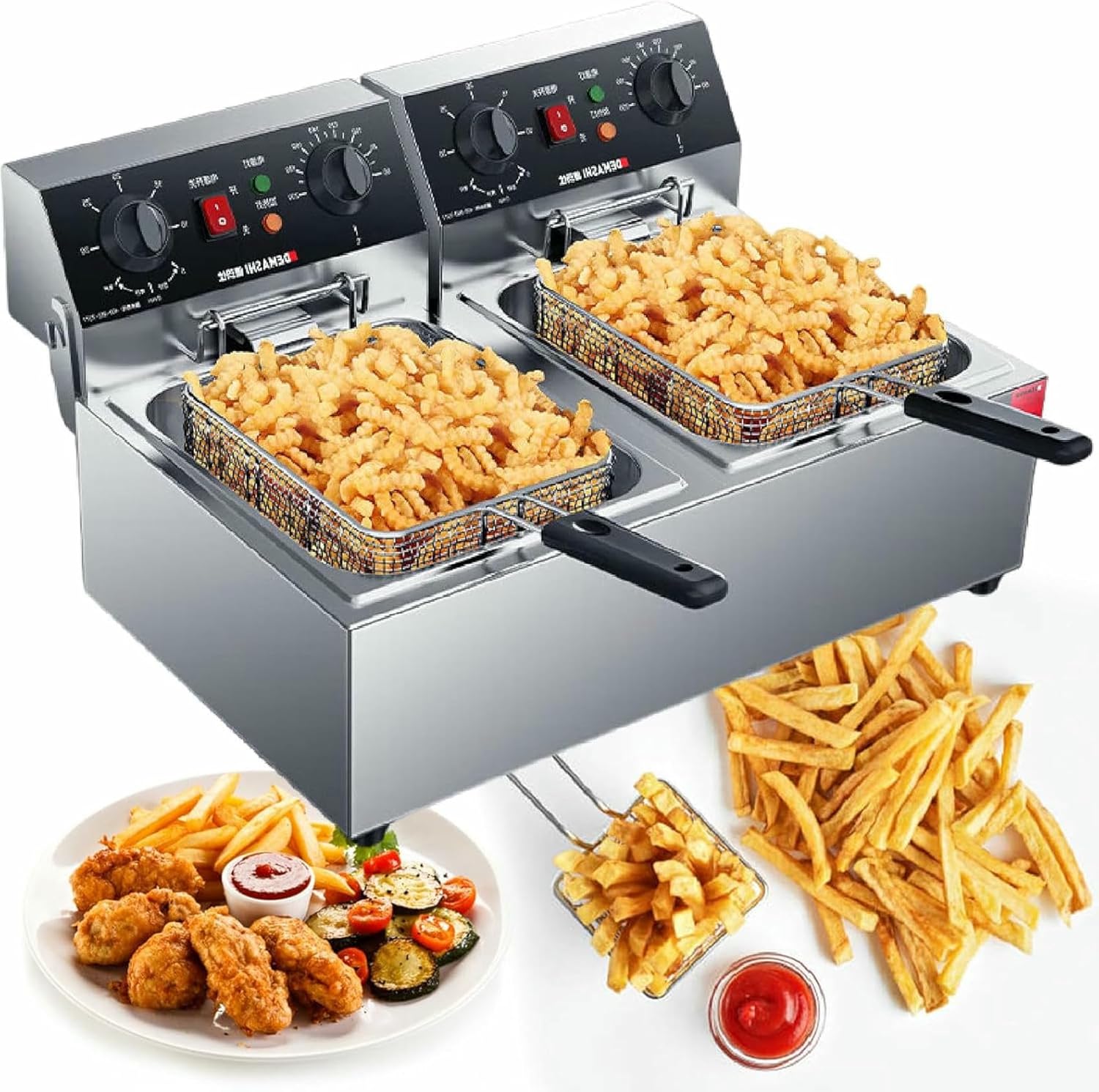 3000W Dual Tank Commercial Deep Fryer with Timer & Temp Control, 2x10L Stainless Steel Oil Tanks, Fast Heating for Restaurants, Parties~/