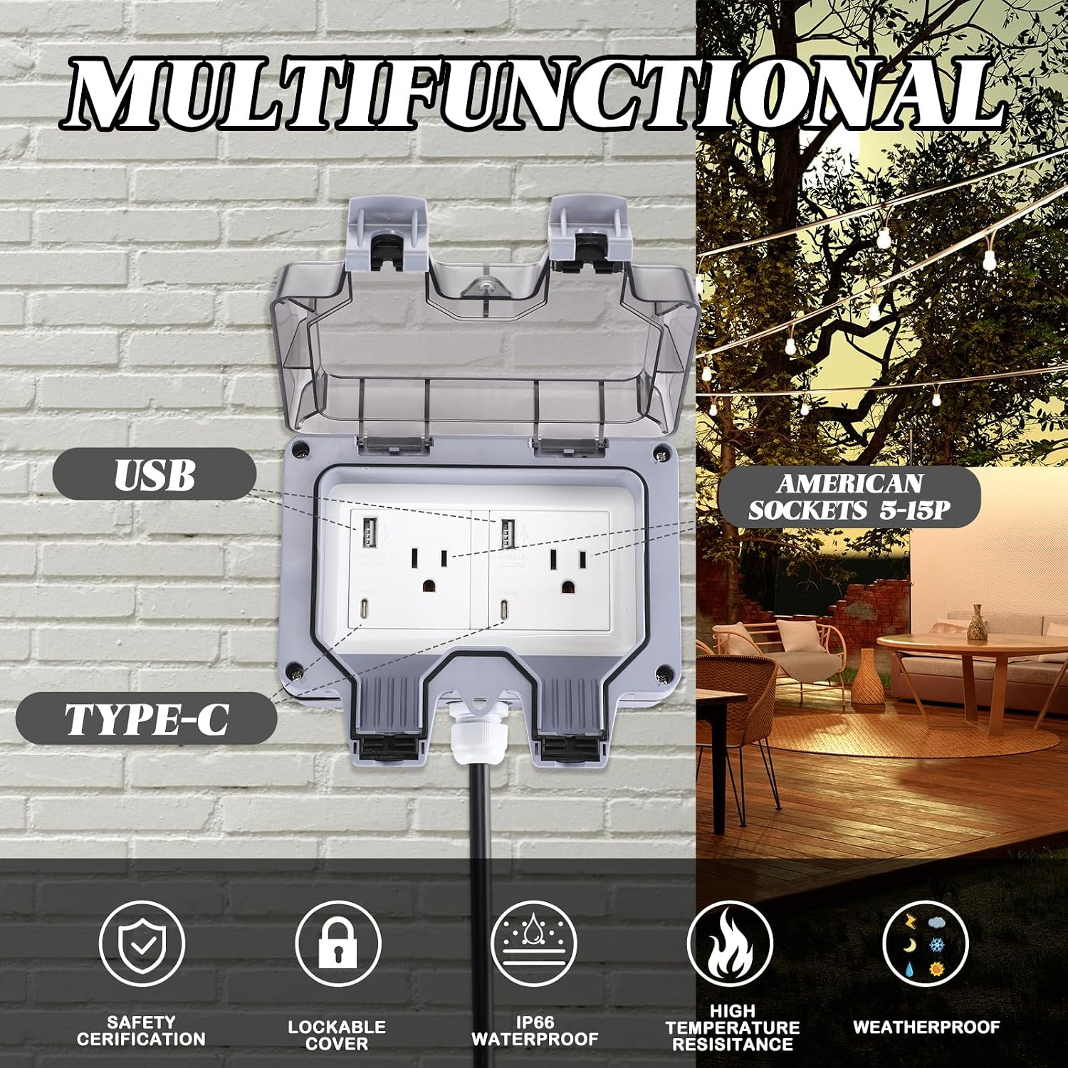 Kanayu Outdoor Power Outlet Box with 30Ft Extension Cord Dual 15 AMP 5-15 Receptacles Weatherproof Waterproof IP66 Outdoor Exterior Socket with Type C & USB Ports, 14 AWG/3C SJTW Cord