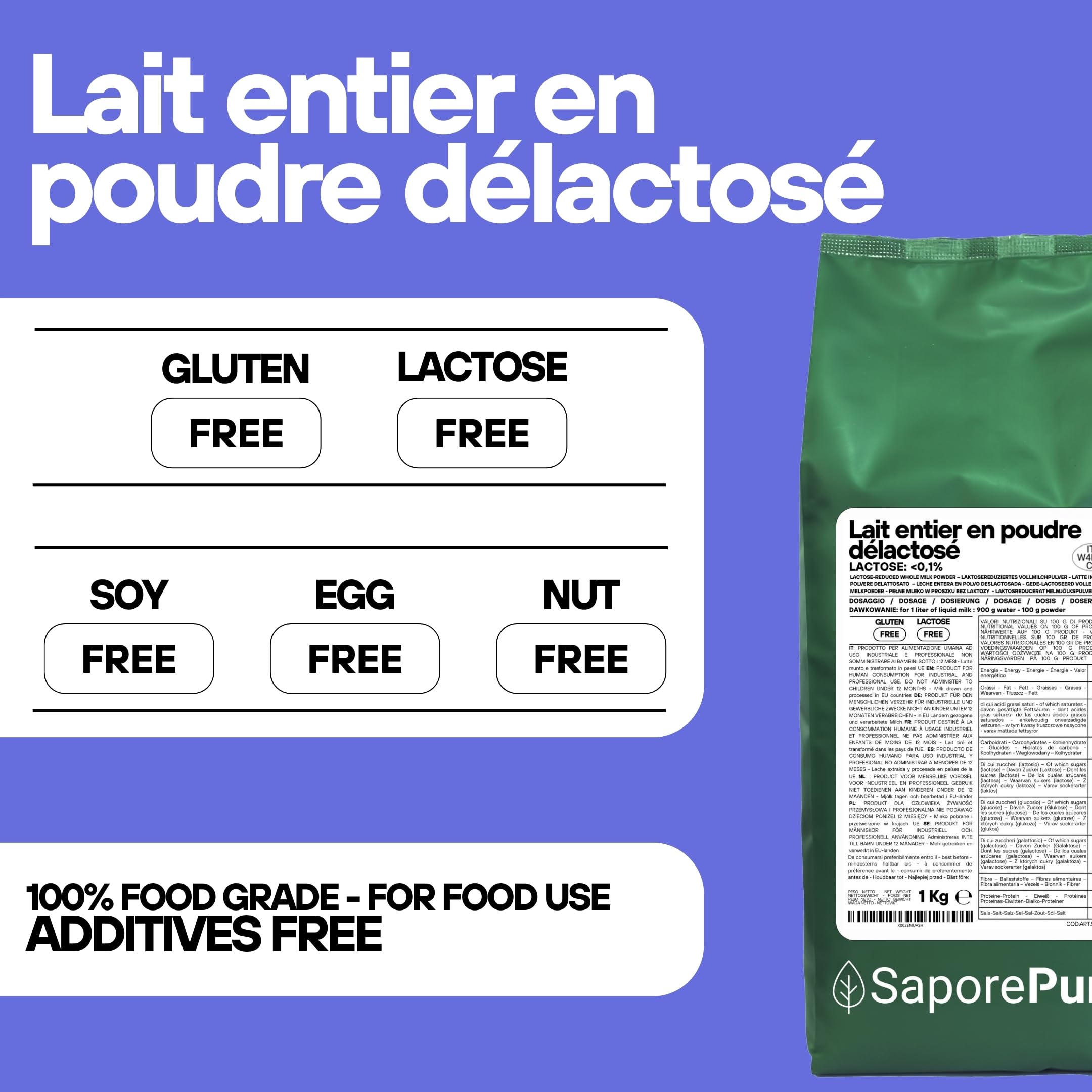 SaporePuro Lait Entier Déshydraté Sans Lactose 1 kg | Haute Solubilité | Idéal pour Pâtisseries, Pain et Glace Artisanale | Usage Professionnel et Industriel | Sans Lactose | Sans Gluten