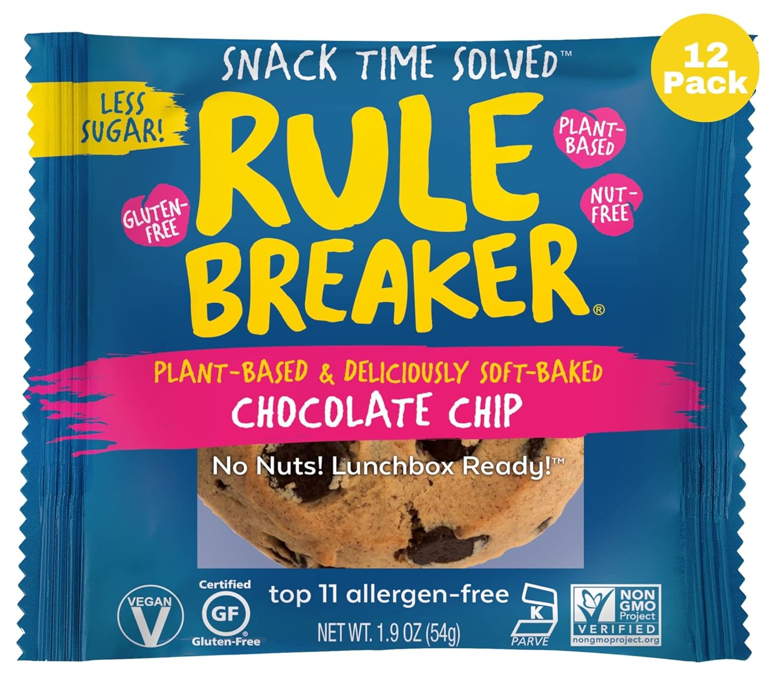 Rule Breaker Vegan & Gluten Free Cookies | Chocolate Chip | Plant-Based, Dairy, Nut, Soy, Allergen Free | Soft-Baked, Great School Snacks for Kids & Adults, Individually Wrapped (Pack of 12)