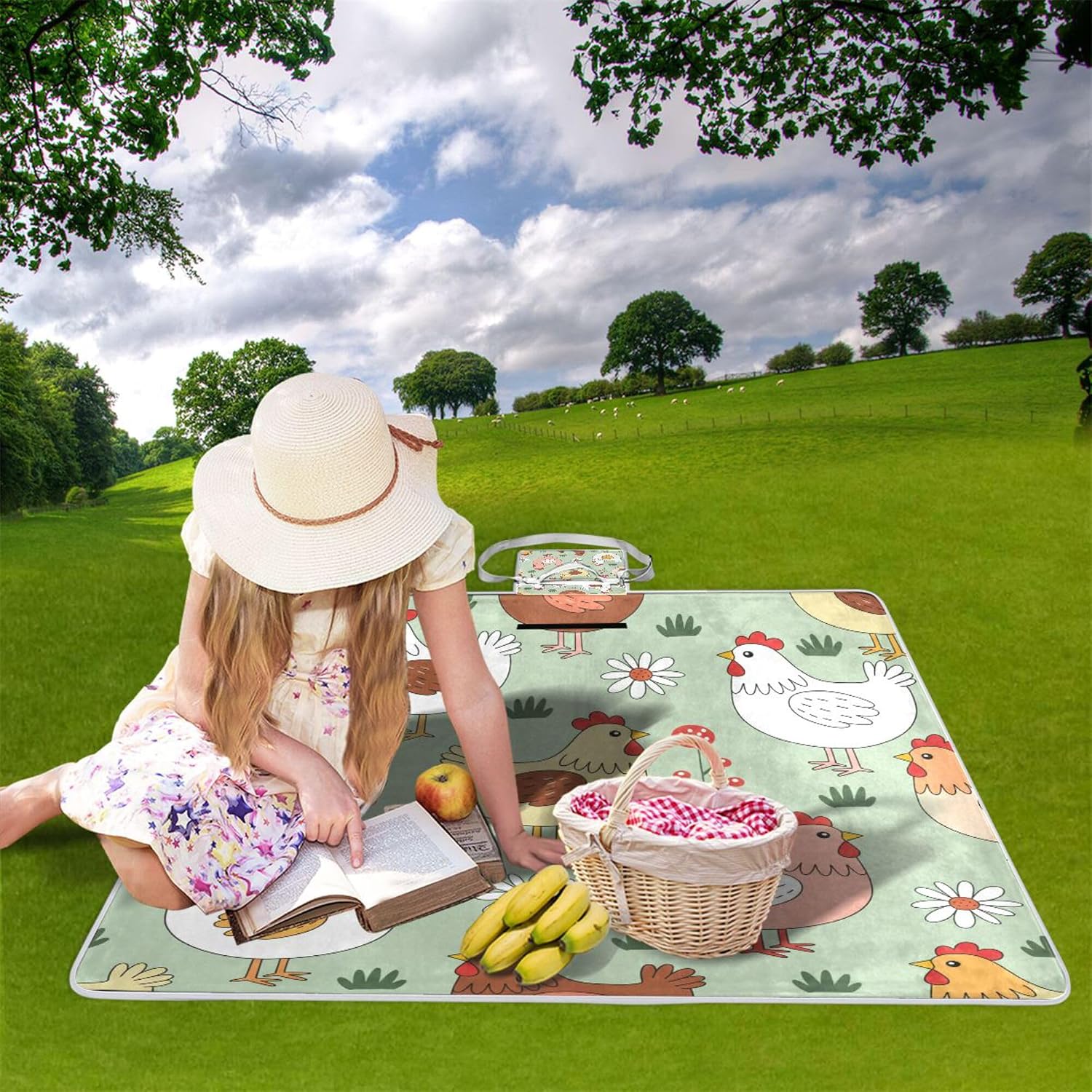 MNSRUU Picnic Blanket Waterproof Foldable, Cute Domestic Chicken Family Farm Large Outdoor Picnic Beach Camping Blanket Travel Mat, Shoulder Strap Tote, Rectangle 57x59in