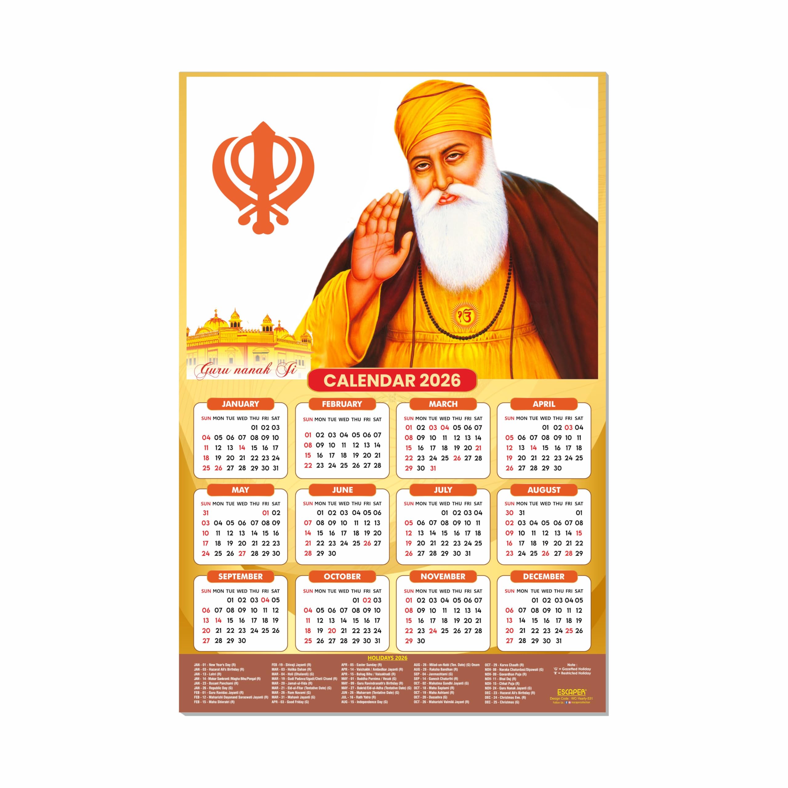 ESCAPER Guru Nanak Ji Wall Calendar 2026 – 12 x 18 Inch, Laminated Sikh Calendar with Indian Holidays, Religious Wall Decor for Home & Office-image-41