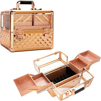 Ver Beauty Armored Acrylic Makeup Case Jewelry Portable Travel Art Craft Tattoo Organizer with 4 Extendable Trays Clear Cover Micro-Fiber Cloth Brush Holders Keylocks